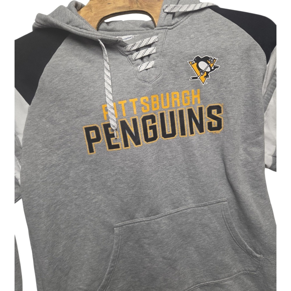 Champion NHL Pittsburgh Penguins Hoodie Mens XL Grey Lace Up Hockey Sweatshirt